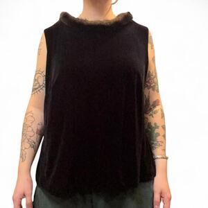 vintage goth velvet sleeveless black top with faux fur collar womens large